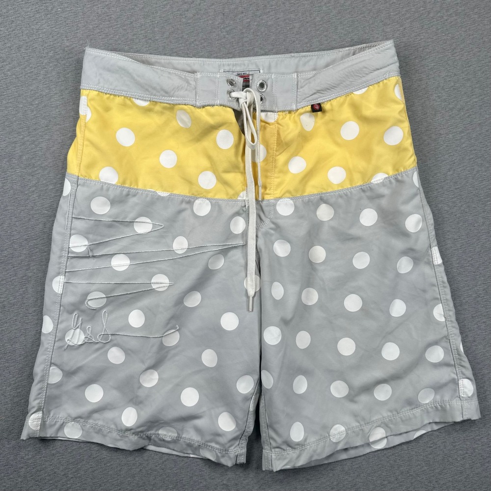 VTG Gordon & Smith Board Shorts Mens 32 Grey Yellow Polka Dot Swim Trunks